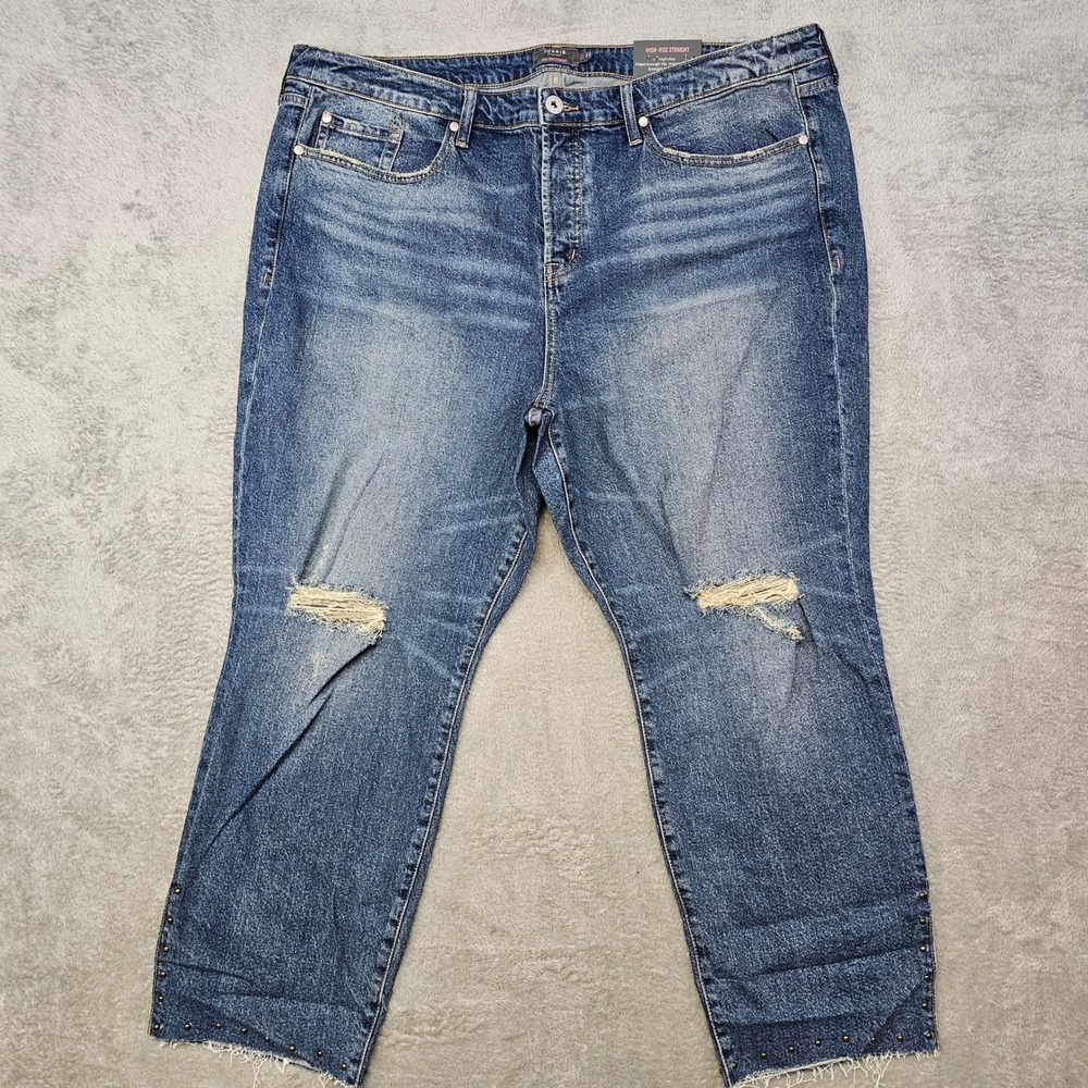 Torrid High Rise Straight Crop Jeans 22R Studded Split Hem‎ Distressed NWT